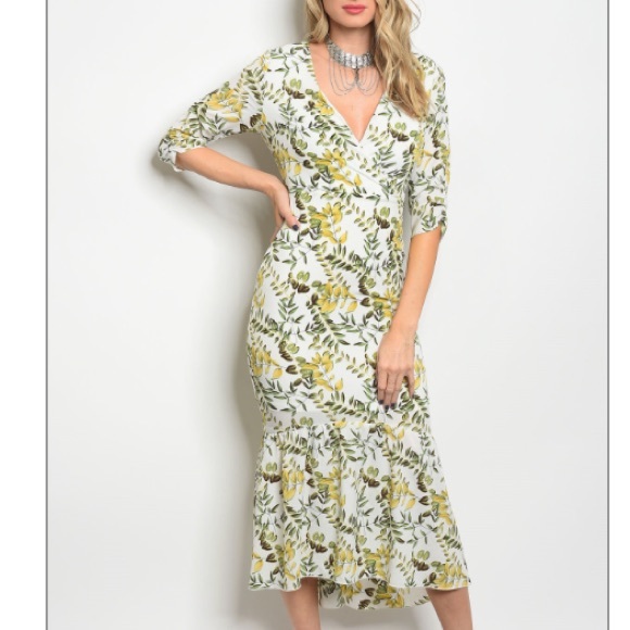 trendy boutique Dresses & Skirts - White Spring greens floral print vneck midi dress